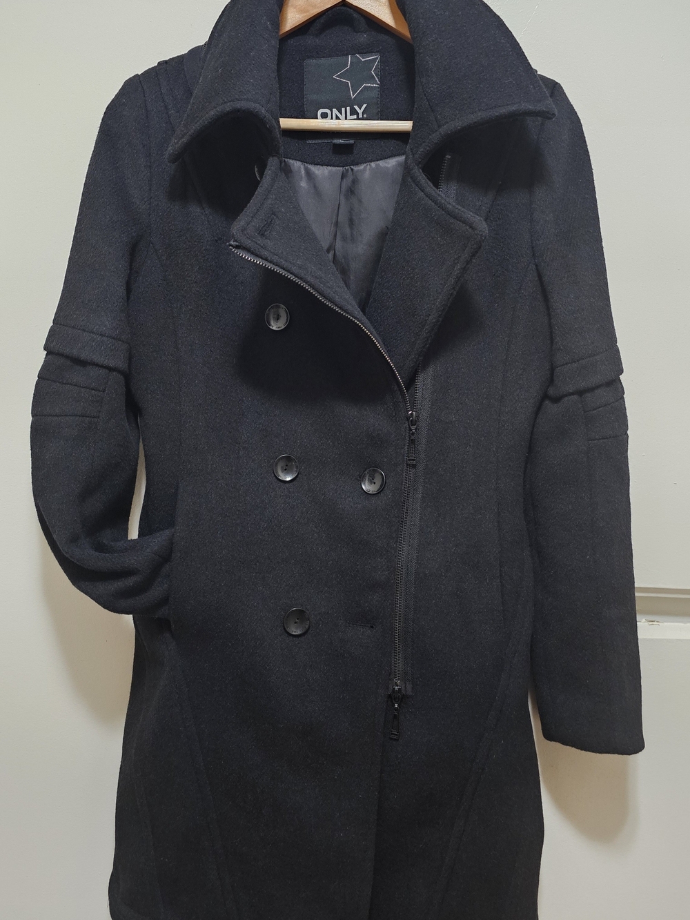 ONLY Black Double-Breasted Wool-Blend Pea Coat